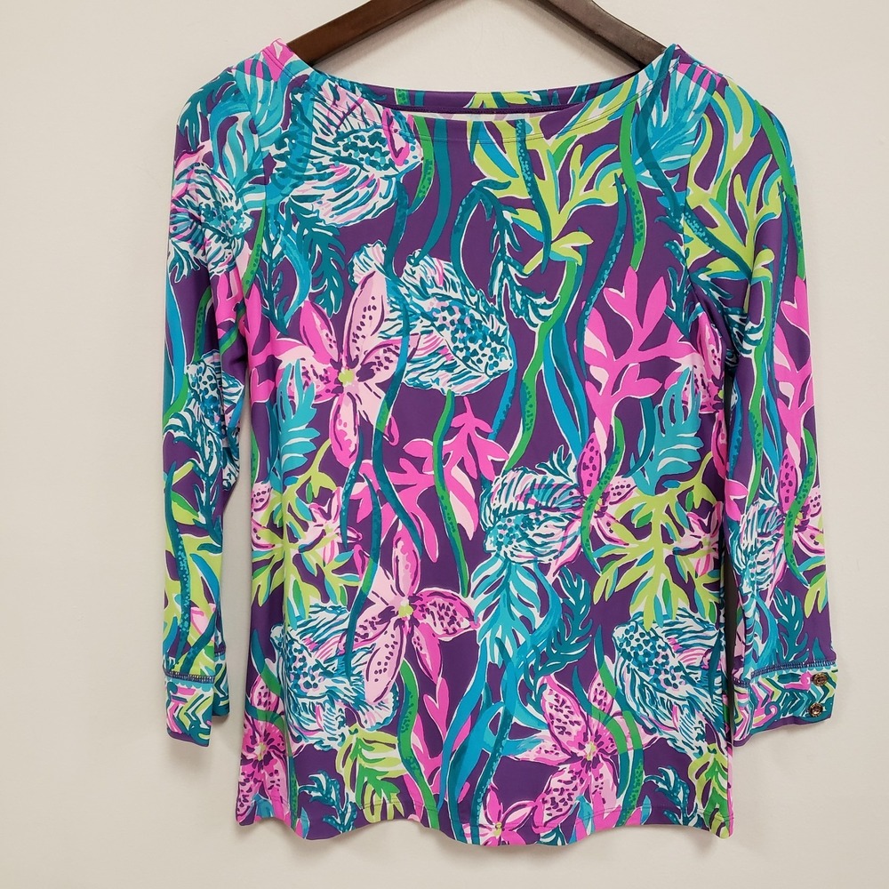Lilly Pulitzer Everlynn Top Size‎ XS UPF 50 3/4 Sleeves Boat Neck Preppy Beach